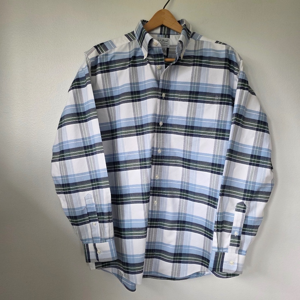 LL Bean Men's Wrinkle-Free Long Sleeve Plaid‎ Oxford Shirt - 16.5x35